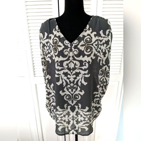 Lane Bryant Top Women 14/16 Semi-sheer Grey White Damask Print Beads Sleeveless - Picture 1 of 11